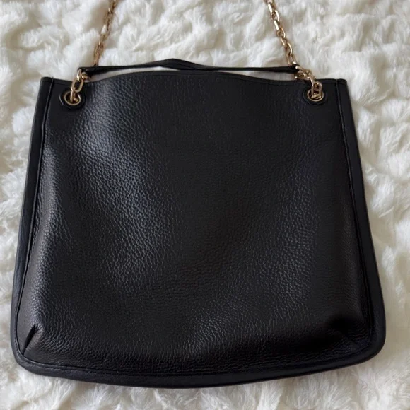 Tory Burch Black Pebbled Leather Tote with Gold Logo & Chain Straps - Picture 5 of 9